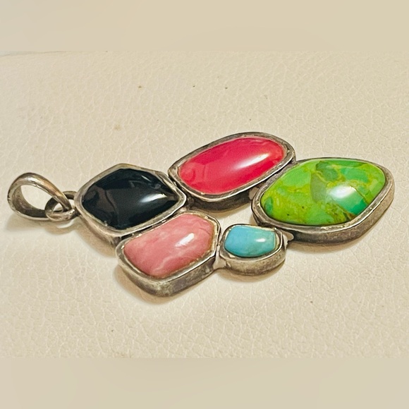 Barse Sterling Silver Multi-Stone Pendant Turquoise Onyx Rhodochrosite 24 G - Picture 4 of 6